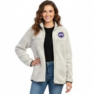 Champion Jacket M White Sherpa Fleece Zipper TCU Collegiate Cozy Sporty Gameday‎
